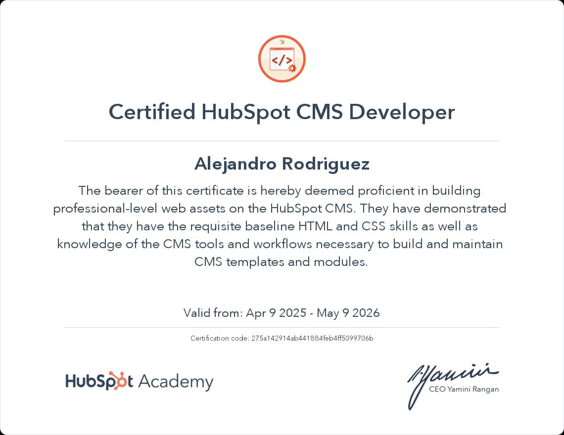 Certified HubSpot CMS Developer certificate issued by HubSpot Academy