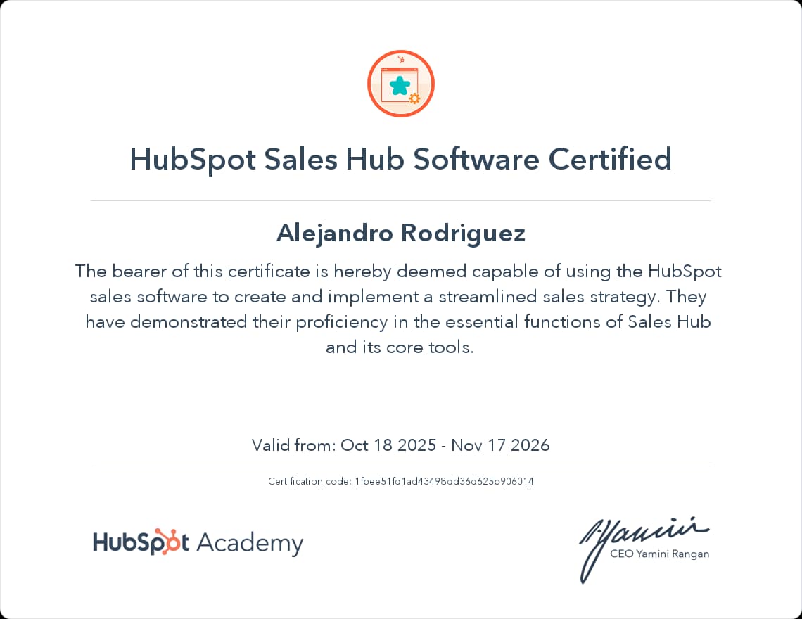 HubSpot Sales Hub Software Certified certificate issued by HubSpot Academy