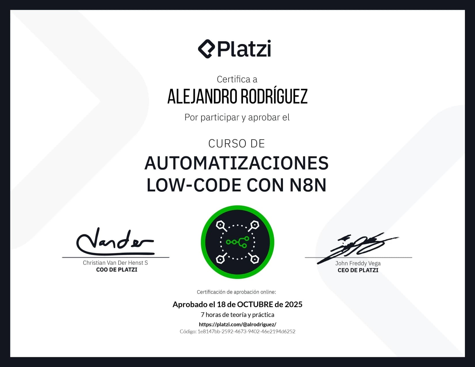 Automatizaciones Low-Code con n8n certificate issued by Platzi