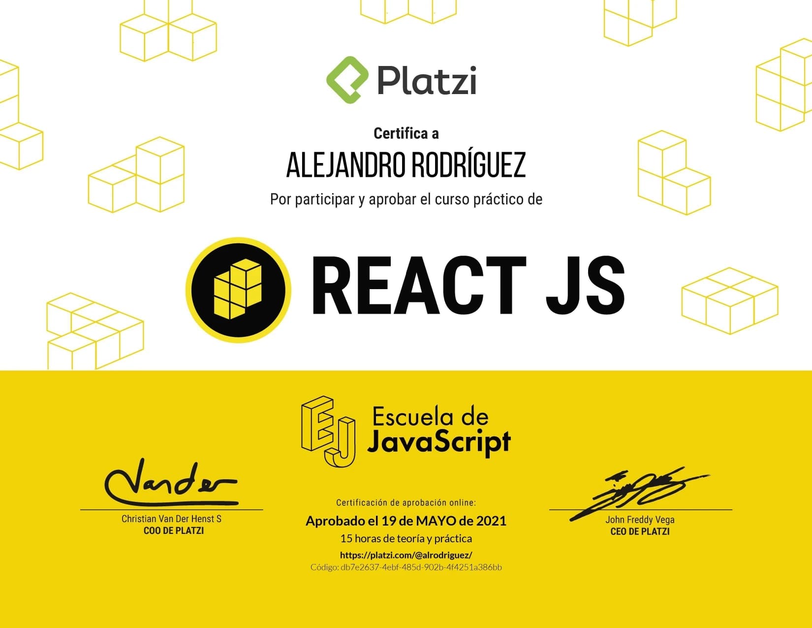 React JS certificate issued by Platzi — Escuela de JavaScript