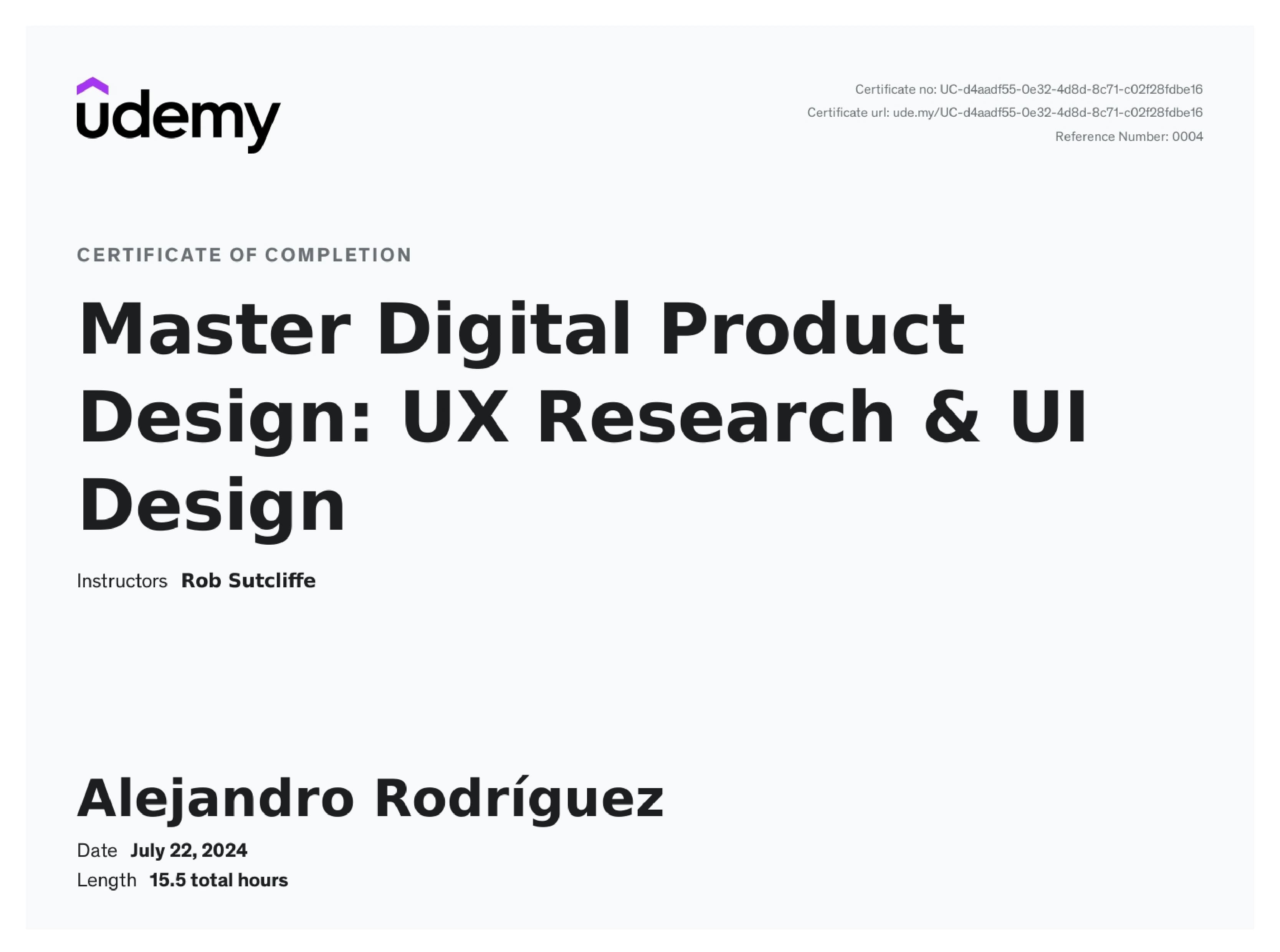 Master Digital Product Design: UX Research & UI Design certificate issued by Udemy