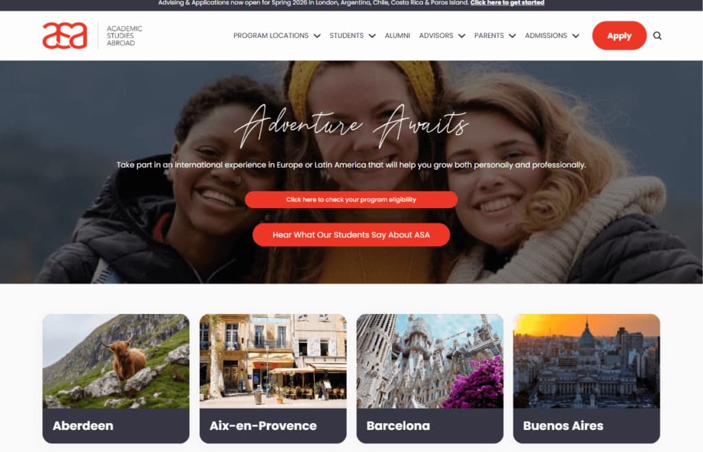 Academic Studies Abroad homepage with the study destination search