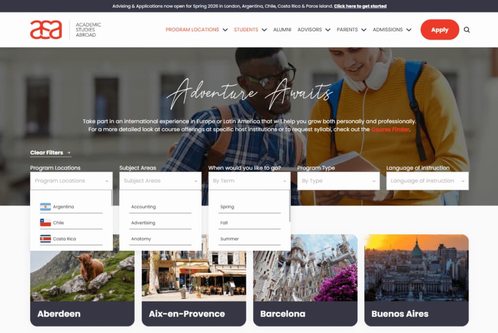 Program Finder interface filtering study abroad programs by country and term