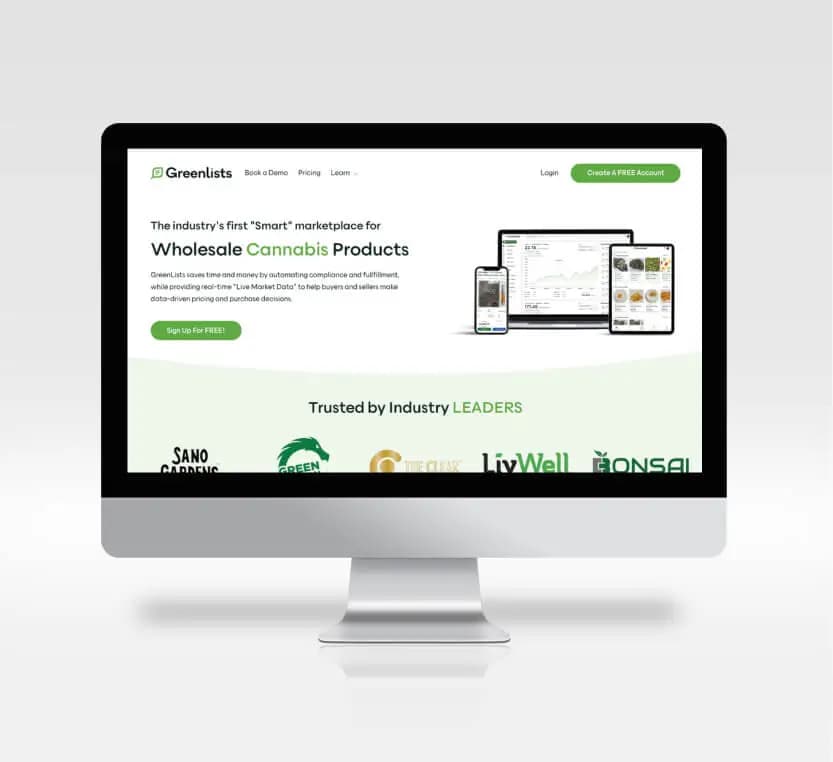 GreenLists wholesale marketplace shown on desktop and mobile