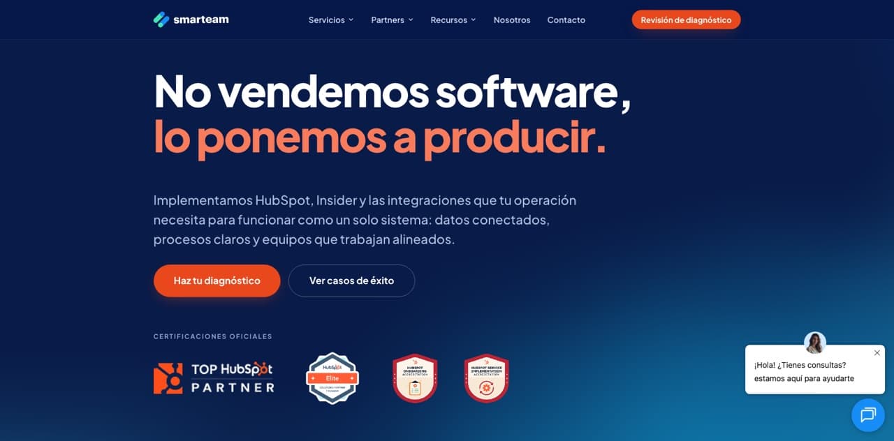 Smarteam homepage with headline, calls to action and HubSpot partner accreditations